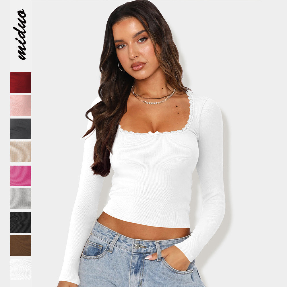 Slimming Slim Lace Stitching Hot Girl Top U-neck Bottoming Shirt
