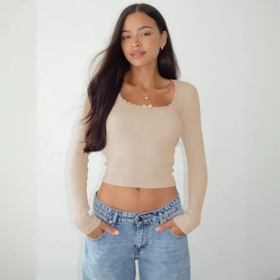 Slimming Slim Lace Stitching Hot Girl Top U-neck Bottoming Shirt