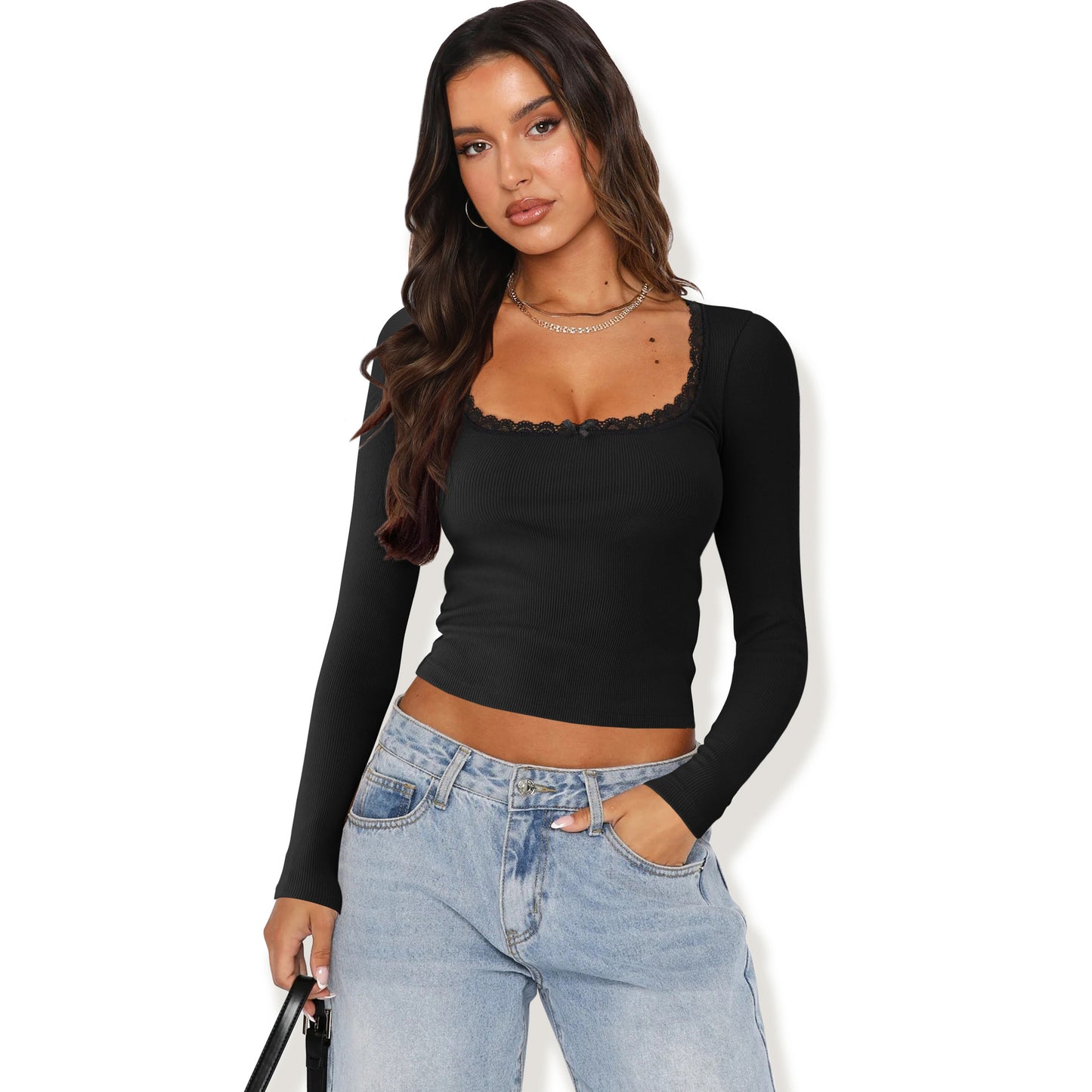 Slimming Slim Lace Stitching Hot Girl Top U-neck Bottoming Shirt