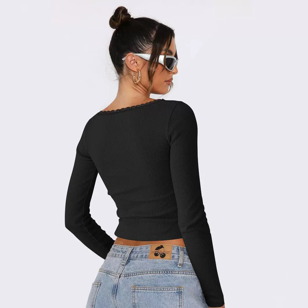 Slimming Slim Lace Stitching Hot Girl Top U-neck Bottoming Shirt