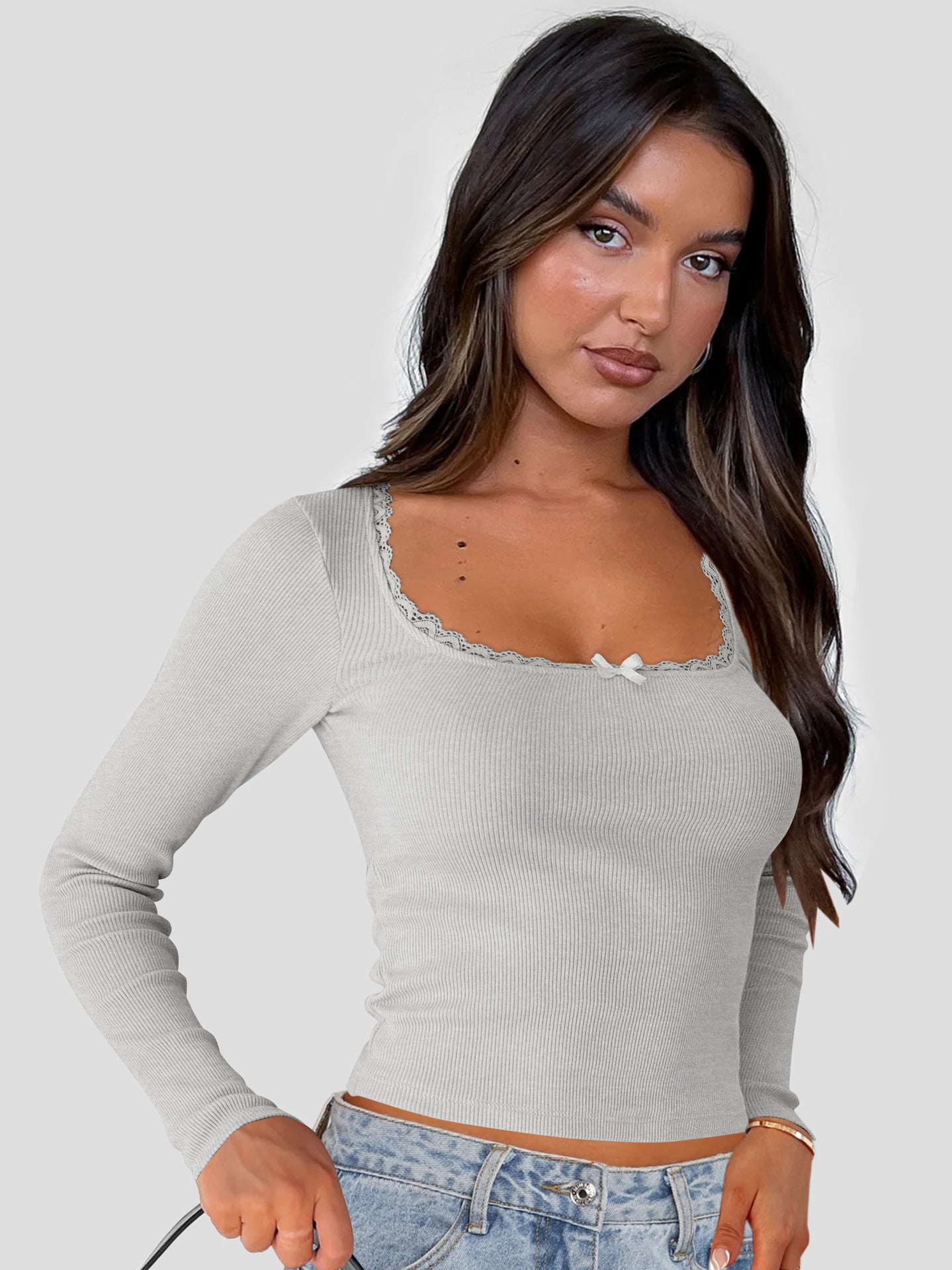 Slimming Slim Lace Stitching Hot Girl Top U-neck Bottoming Shirt