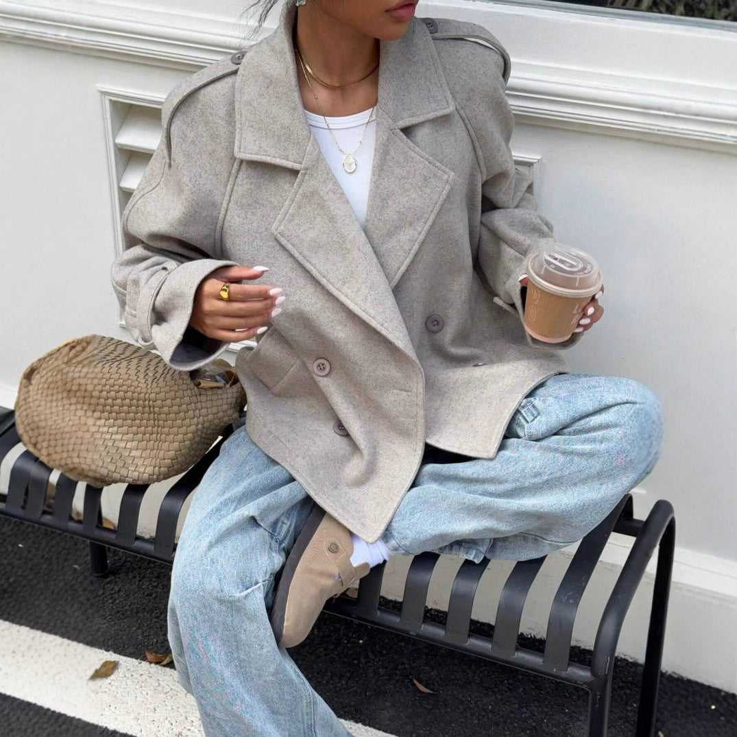 Casual Loose Double Button Lapel Woolen Coat