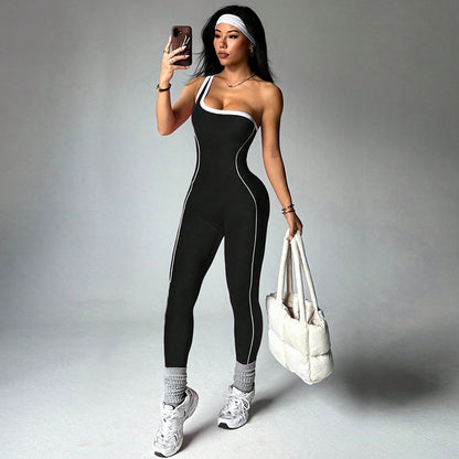 Womens Fashionable One-Shoulder Strappy Sports Jumpsuit