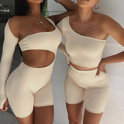 Women Yoga Suits Off Shoulder Tops And Shorts Tops 2pcs Set