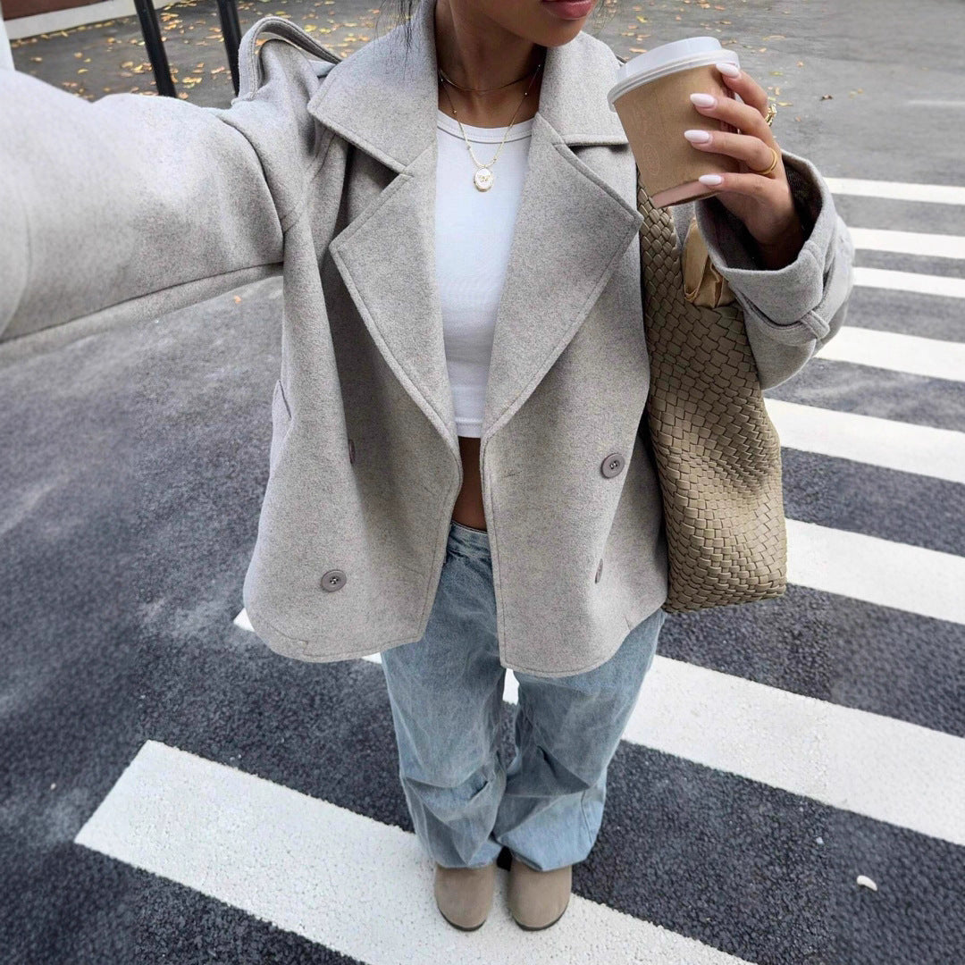 Casual Loose Double Button Lapel Woolen Coat