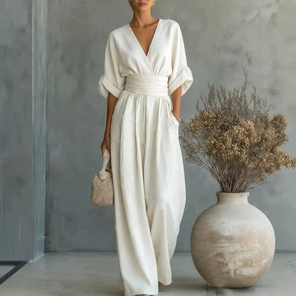 Waist-cinched V-neck Womens Jumpsuit